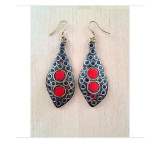 Hand-crafted Vintage Tibetan Brass Mosaic Dangle Earrings Red Main & Navy Blue M